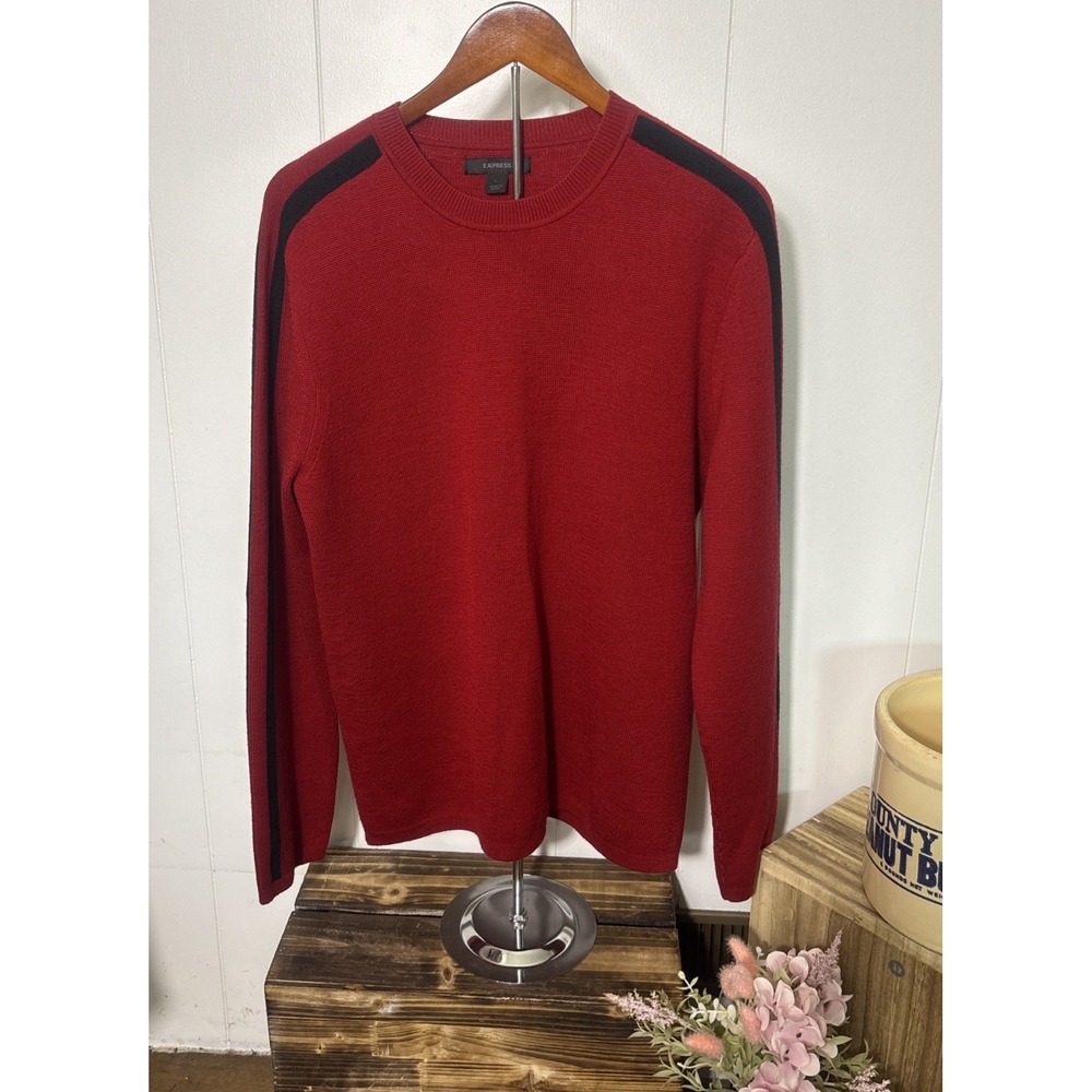 Express Men's 100% Merino Wool Crew New Red Black Strip Sweater SZ Large Preppy